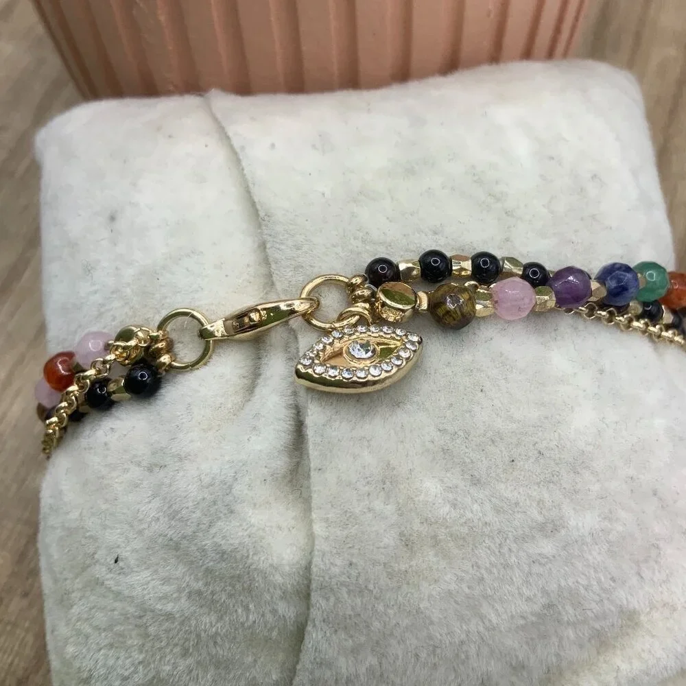 LA CN Mutli Strands Beaded Gold Tone Chain Evil Eye Charm Bracelet